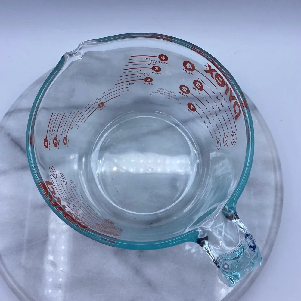 Pyrex 4 Cup Glass Measuring Cup Clear Red Markings 32oz Handle Spout USA Vintage